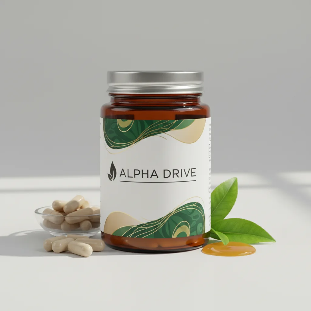 Alpha Drive voedingssupplement pot, lichtblauw en wit label